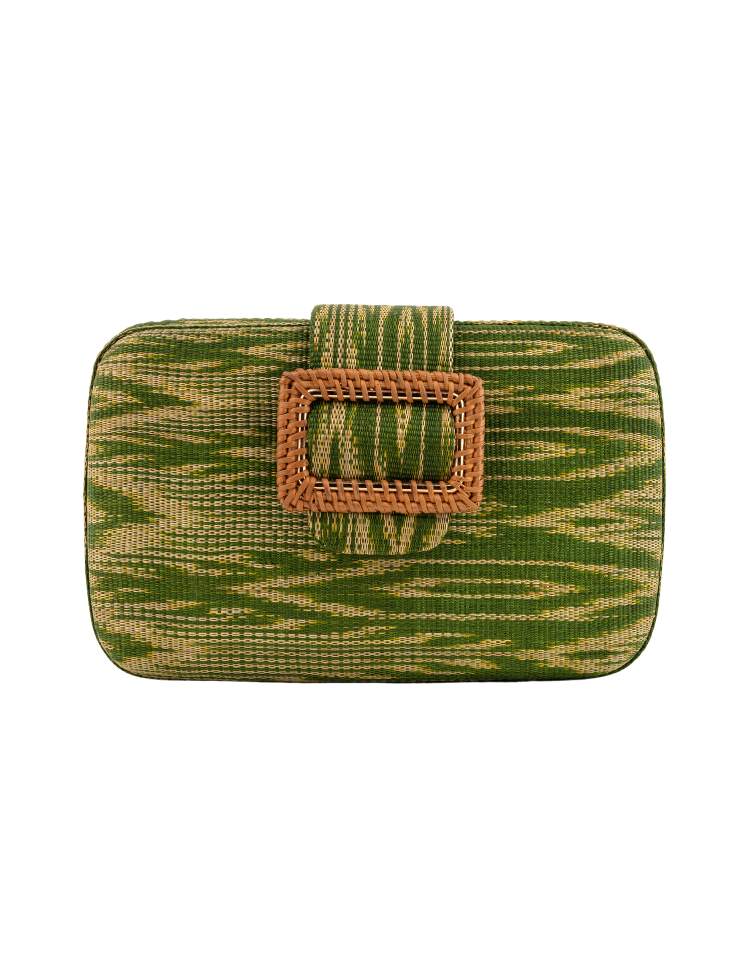 Green clutch bag with a brown buckle