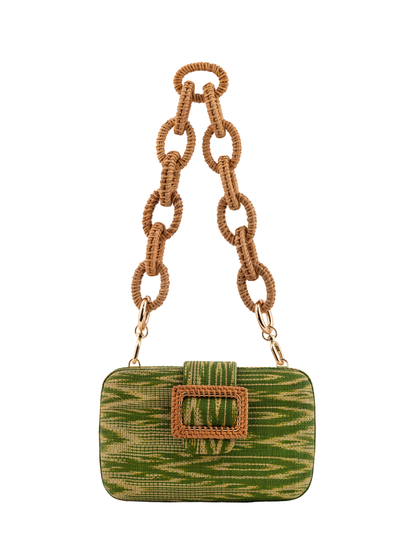 Green clutch bag with a brown buckle