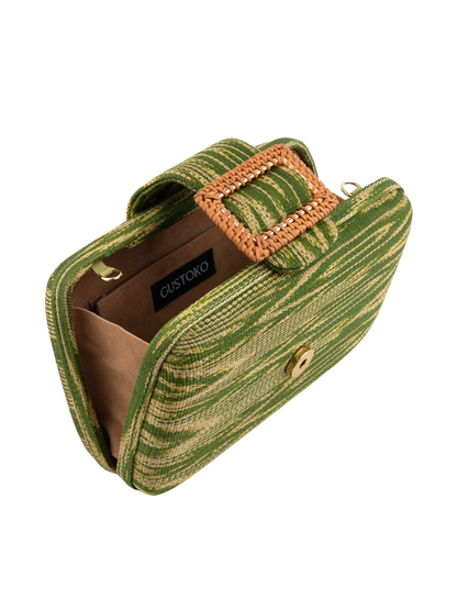 Green textured clutch with brown interior and decorative buckle
