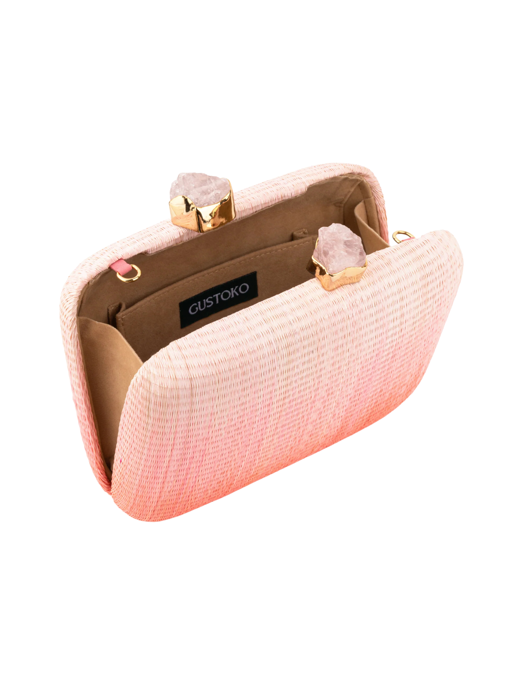 pink ombre buntal fiber clutch with natural stones