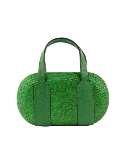 natural green buntal fiber and leather handles clutch bag
