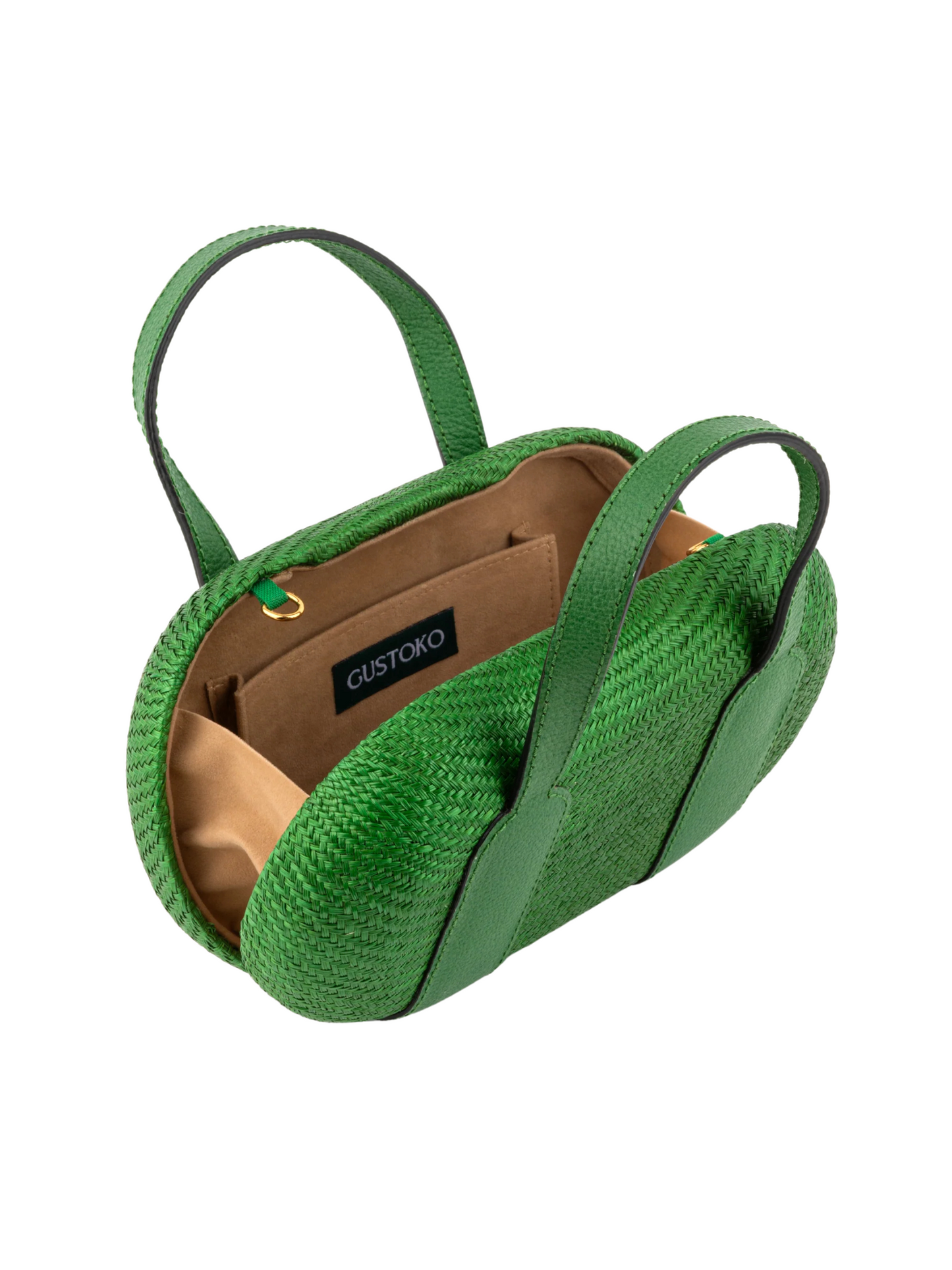 natural green buntal fiber and leather handles clutch bag