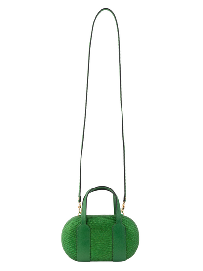natural green buntal fiber and leather handles clutch bag