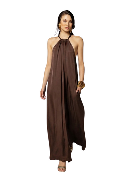 halter-neck, floor-length brown jumpsuit