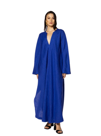 long-sleeved, deep V-neck maxi dress in a vibrant royal blue color