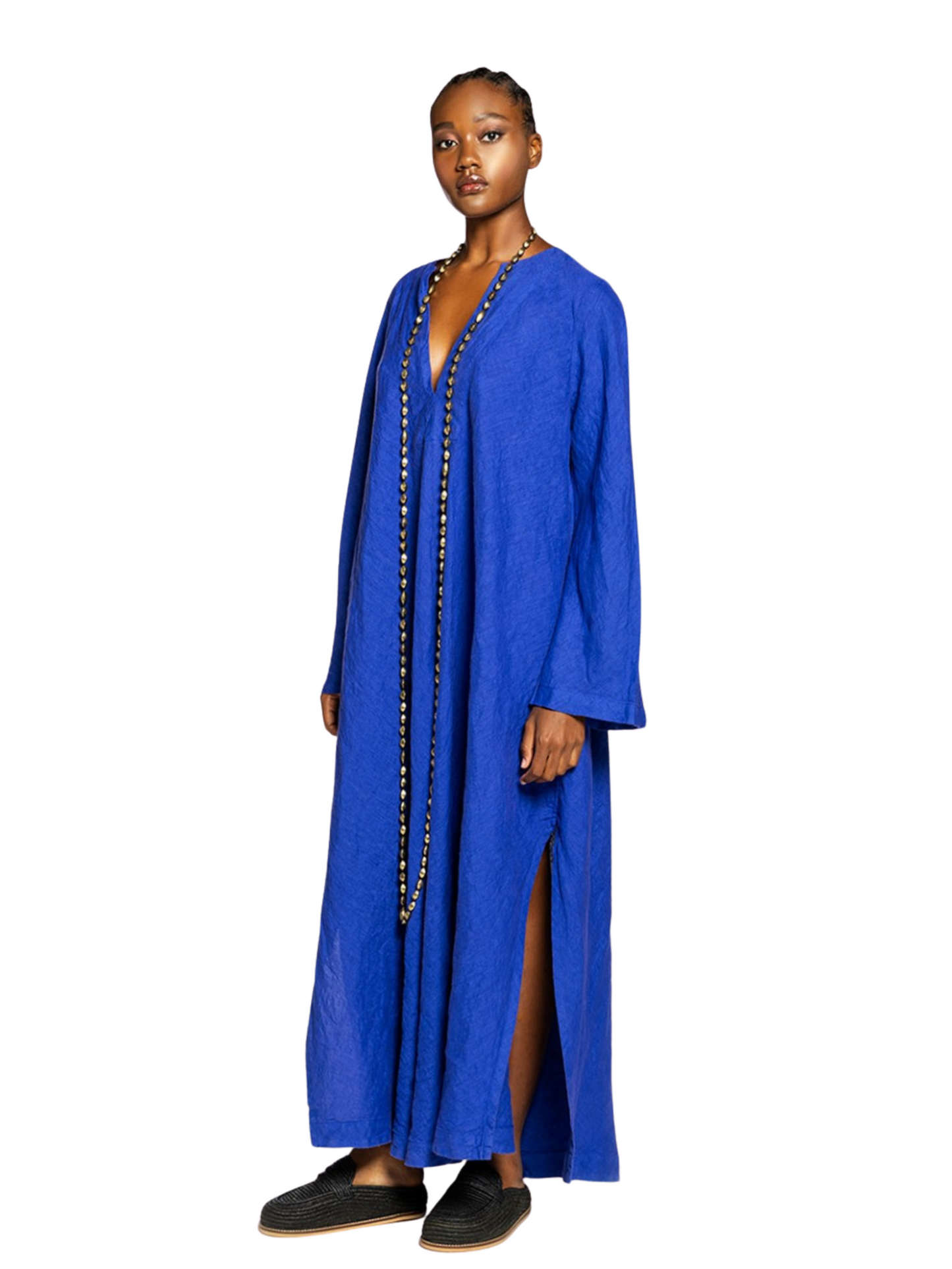 long-sleeved, deep V-neck maxi dress in a vibrant royal blue color
