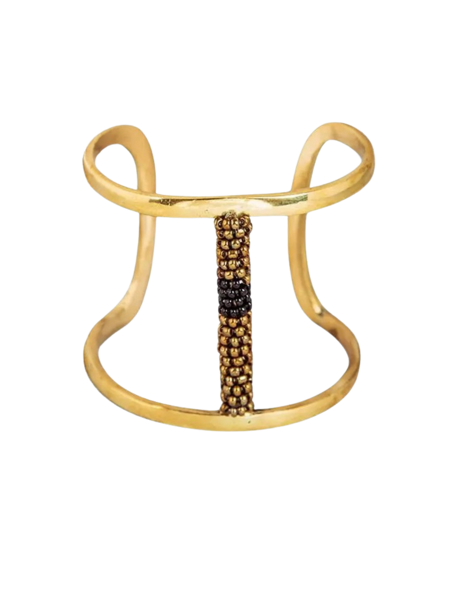 gold-toned open cuff bracelet featuring a central vertical column of small metallic beads in gold and black