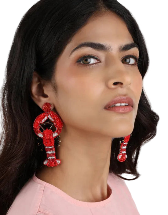 Red beaded lobster earrings 