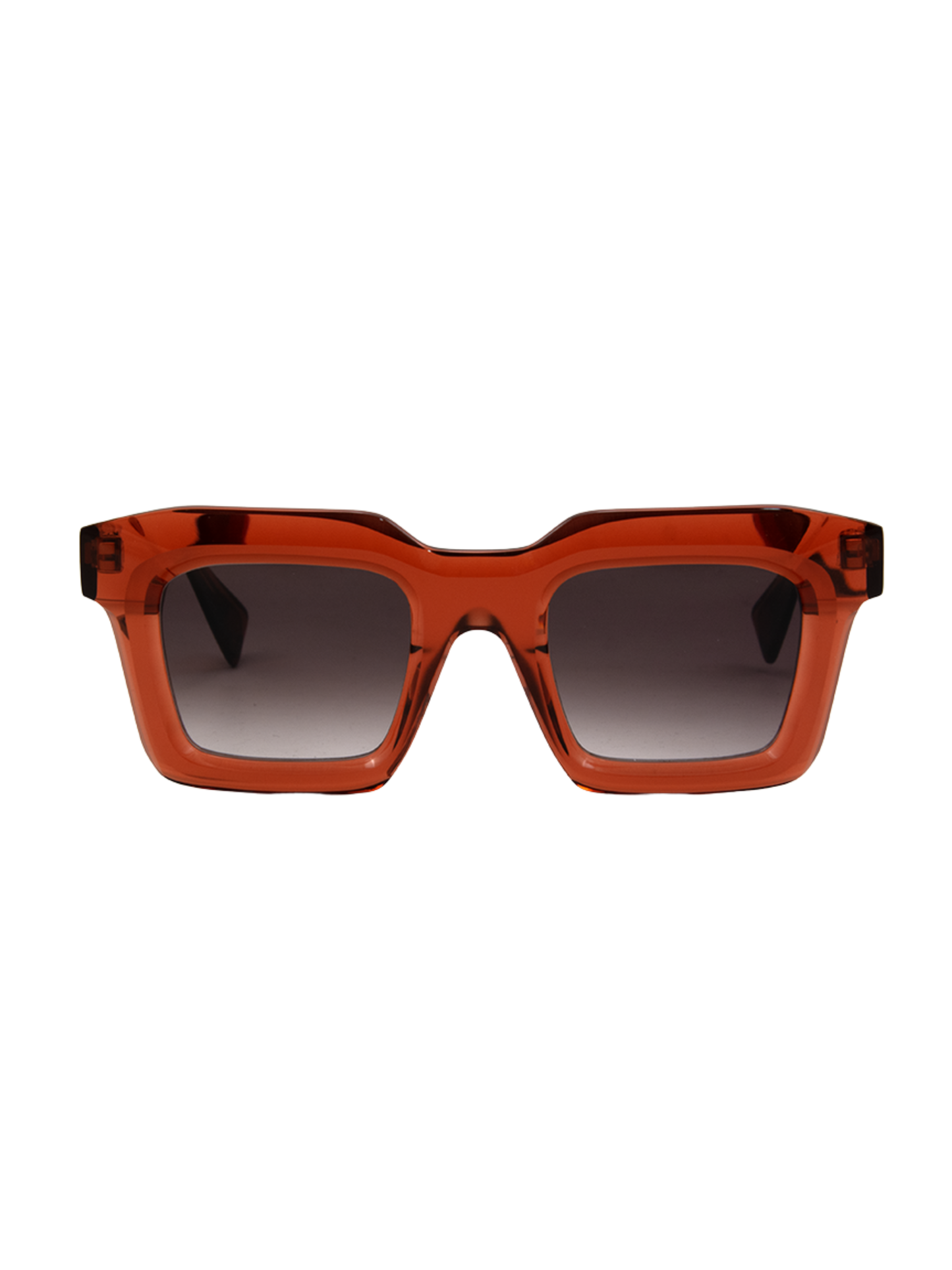 Sunglasses with a transparent brown frame and gradient lenses