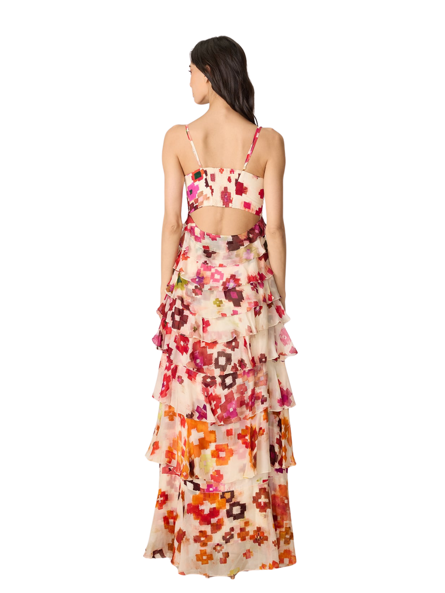 sleeveless, tiered maxi dress with a cutout at the back