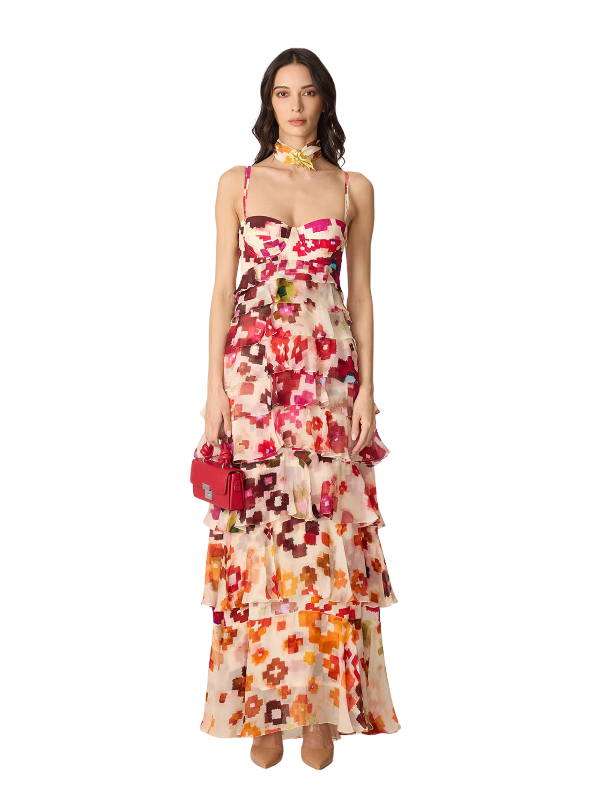  sleeveless, tiered maxi dress with a vibrant floral print on a cream base