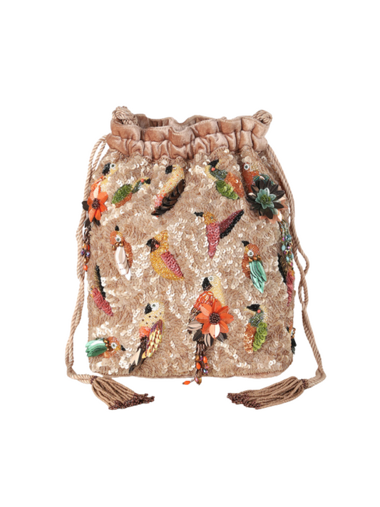 beige sequined pouch decorated with colorful embroidered birds and floral motifs