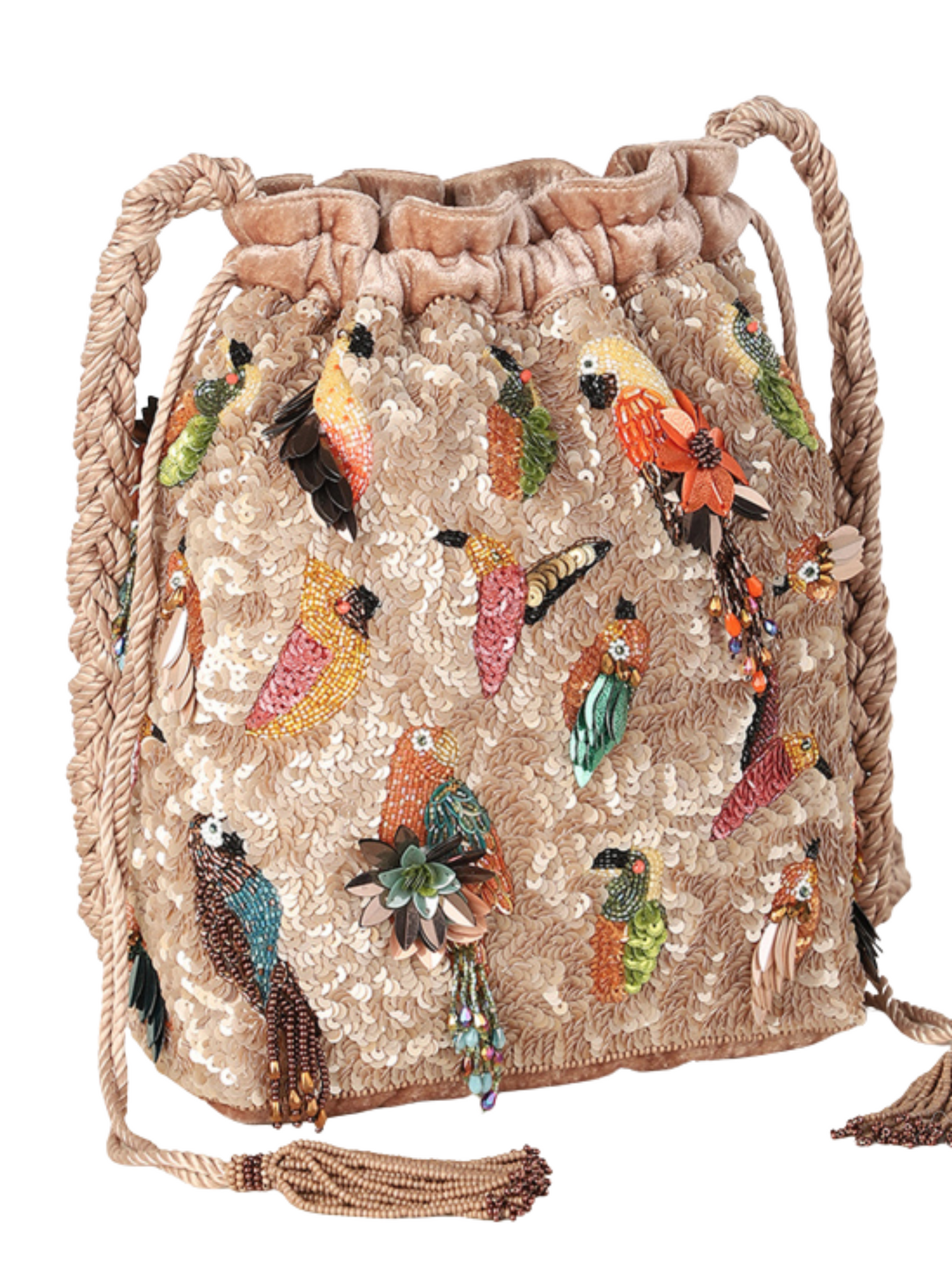 beige sequined pouch decorated with colorful embroidered birds and floral motifs