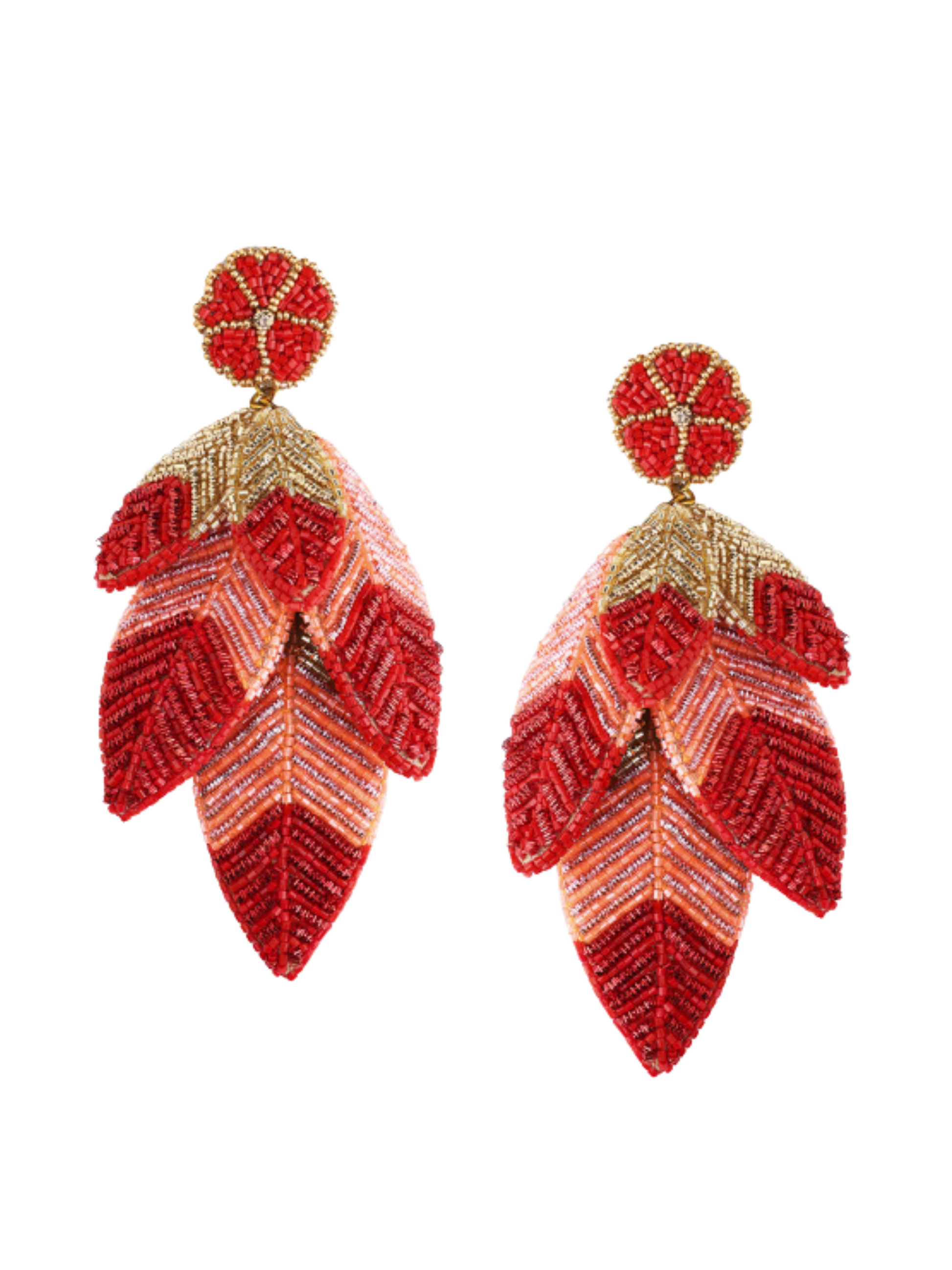 Red beaded  leaf earrings with gold accents