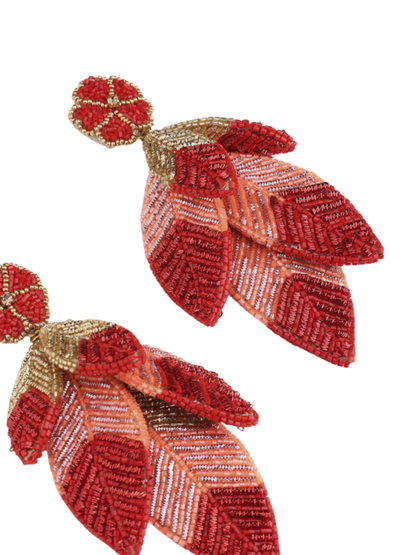 Red beaded  leaf earrings with gold accents