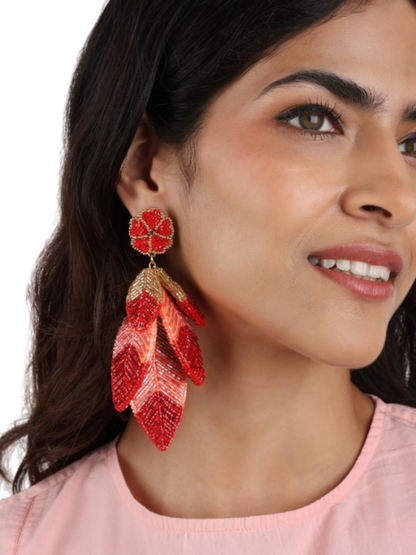Red beaded  leaf earrings with gold accents