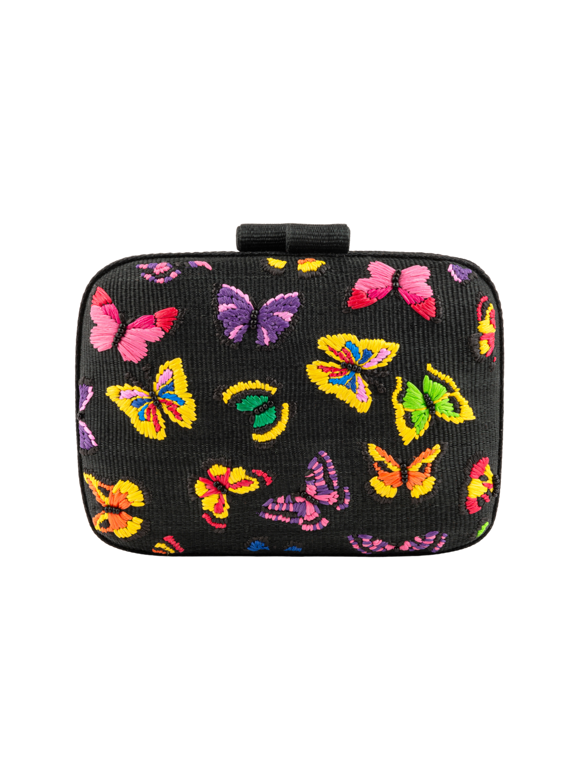 Black clutch with colorful butterfly pattern