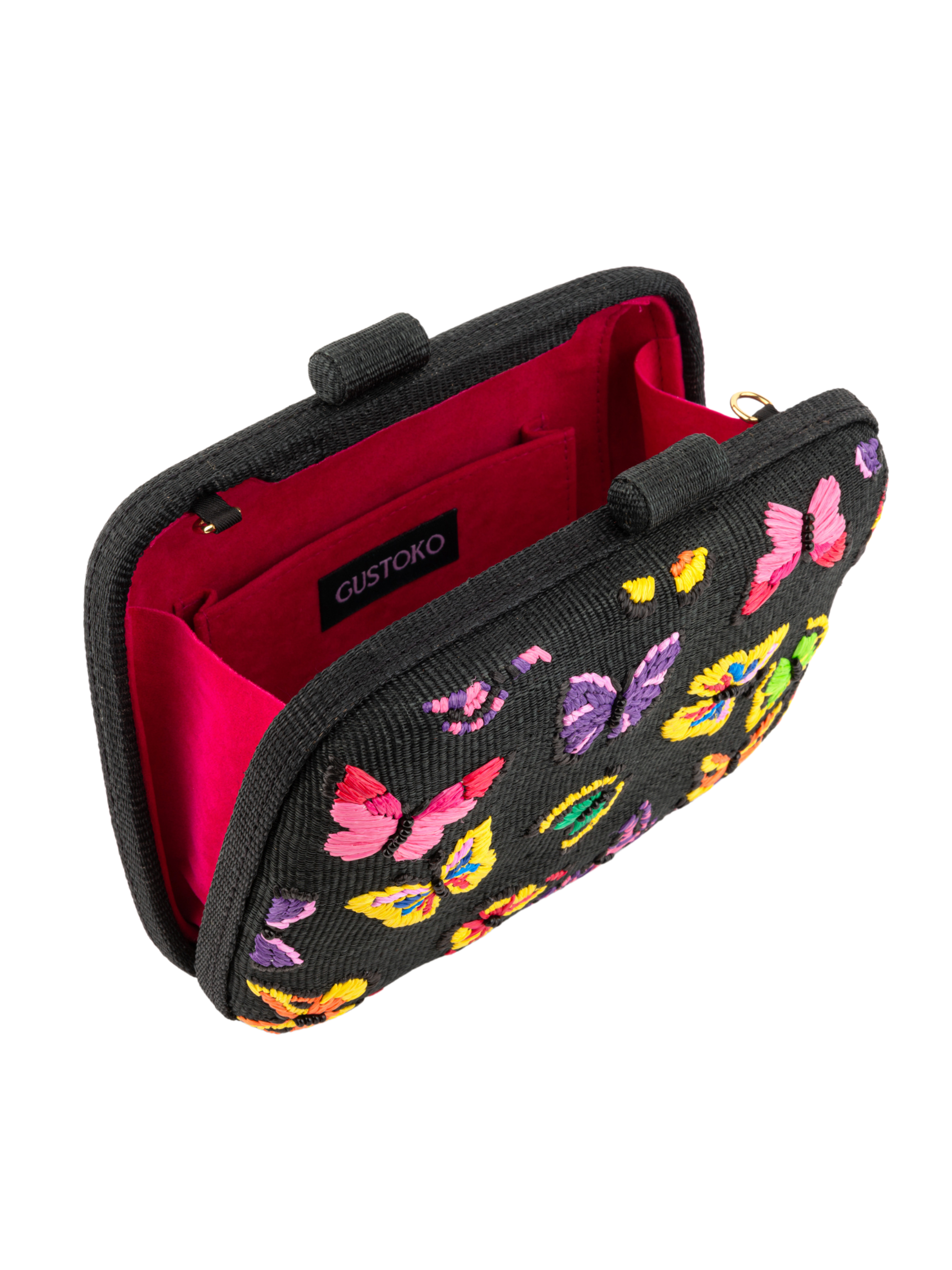 Black clutch with colorful butterfly pattern