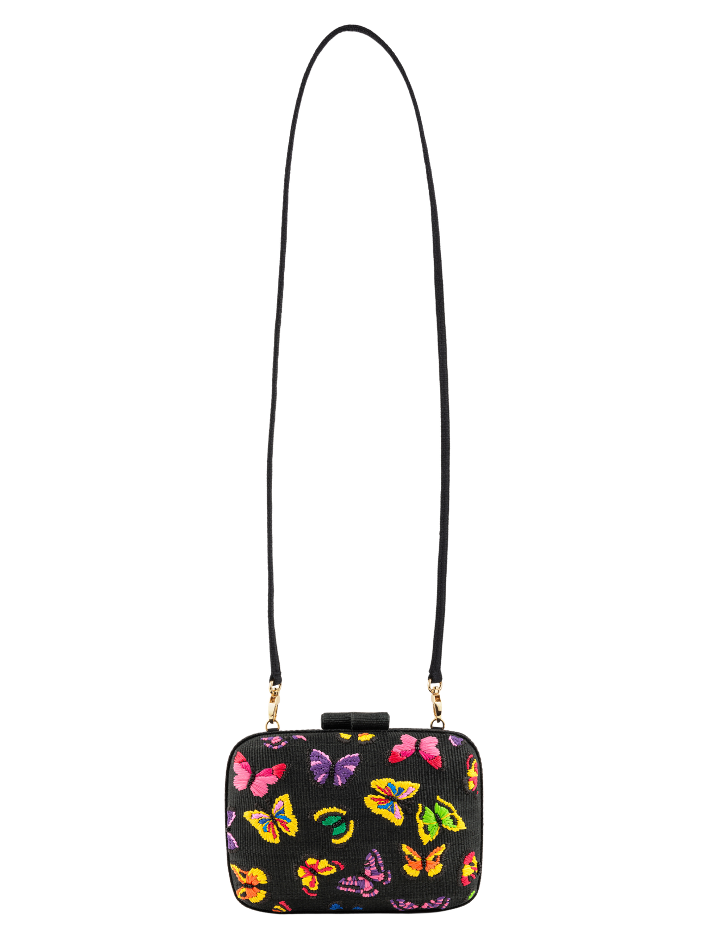 Black clutch with colorful butterfly pattern