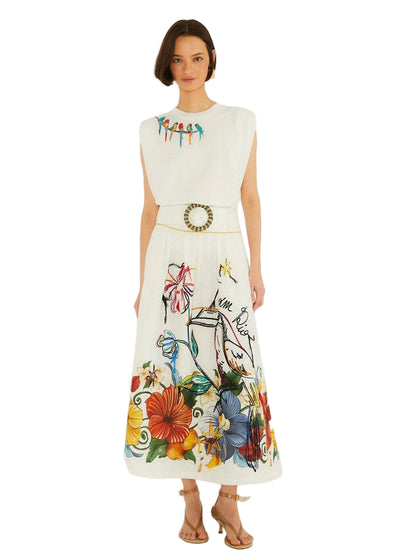 white linen maxi skirt with tropical embroidery