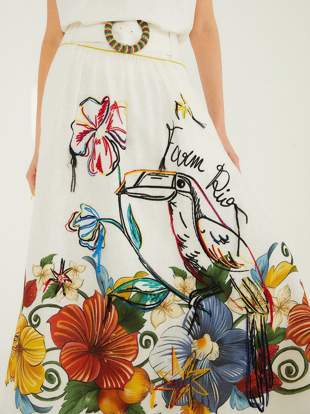 white linen maxi skirt with tropical embroidery