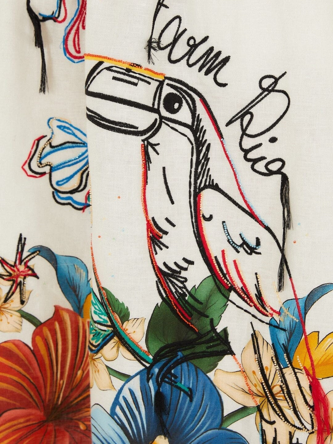 white linen maxi skirt with tropical embroidery