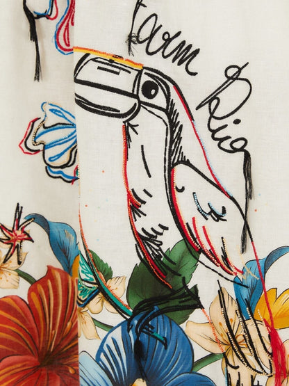 white linen maxi skirt with tropical embroidery