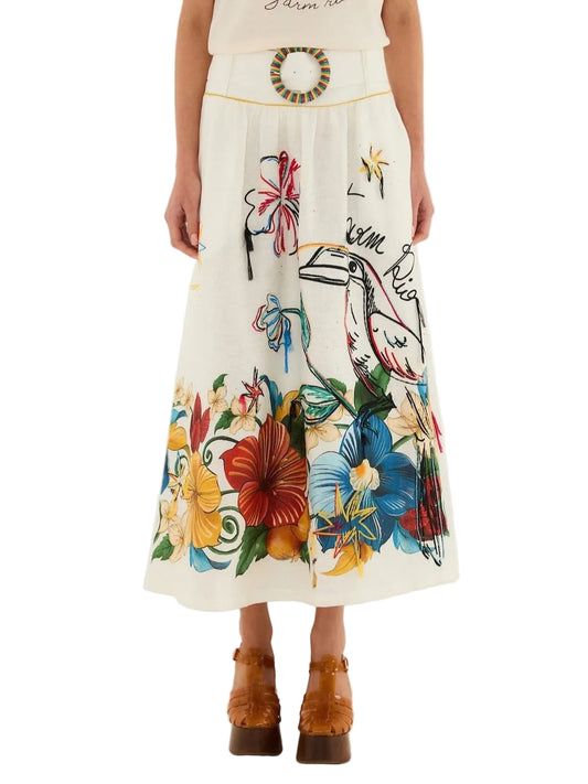 white linen maxi skirt with tropical embroidery