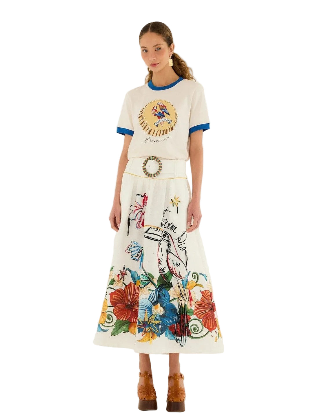 white linen maxi skirt with tropical embroidery