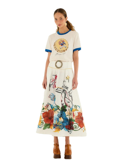 white linen maxi skirt with tropical embroidery