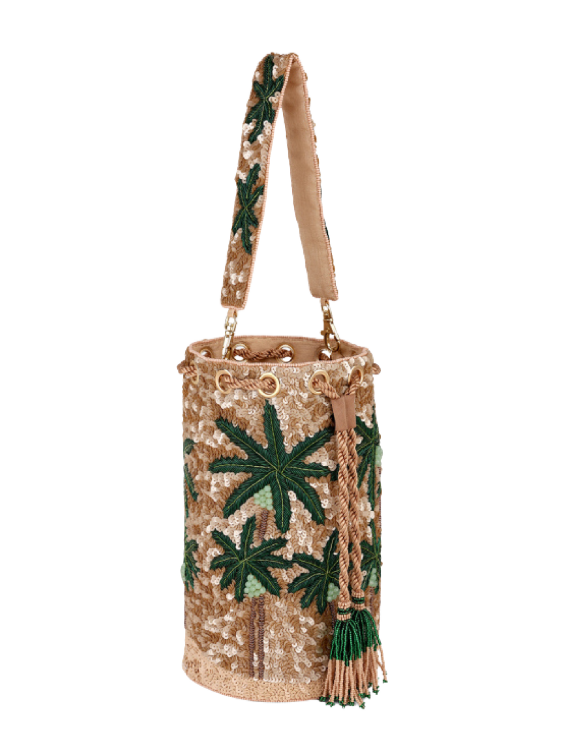  gold sequined bucket bag with green palm tree embroidery