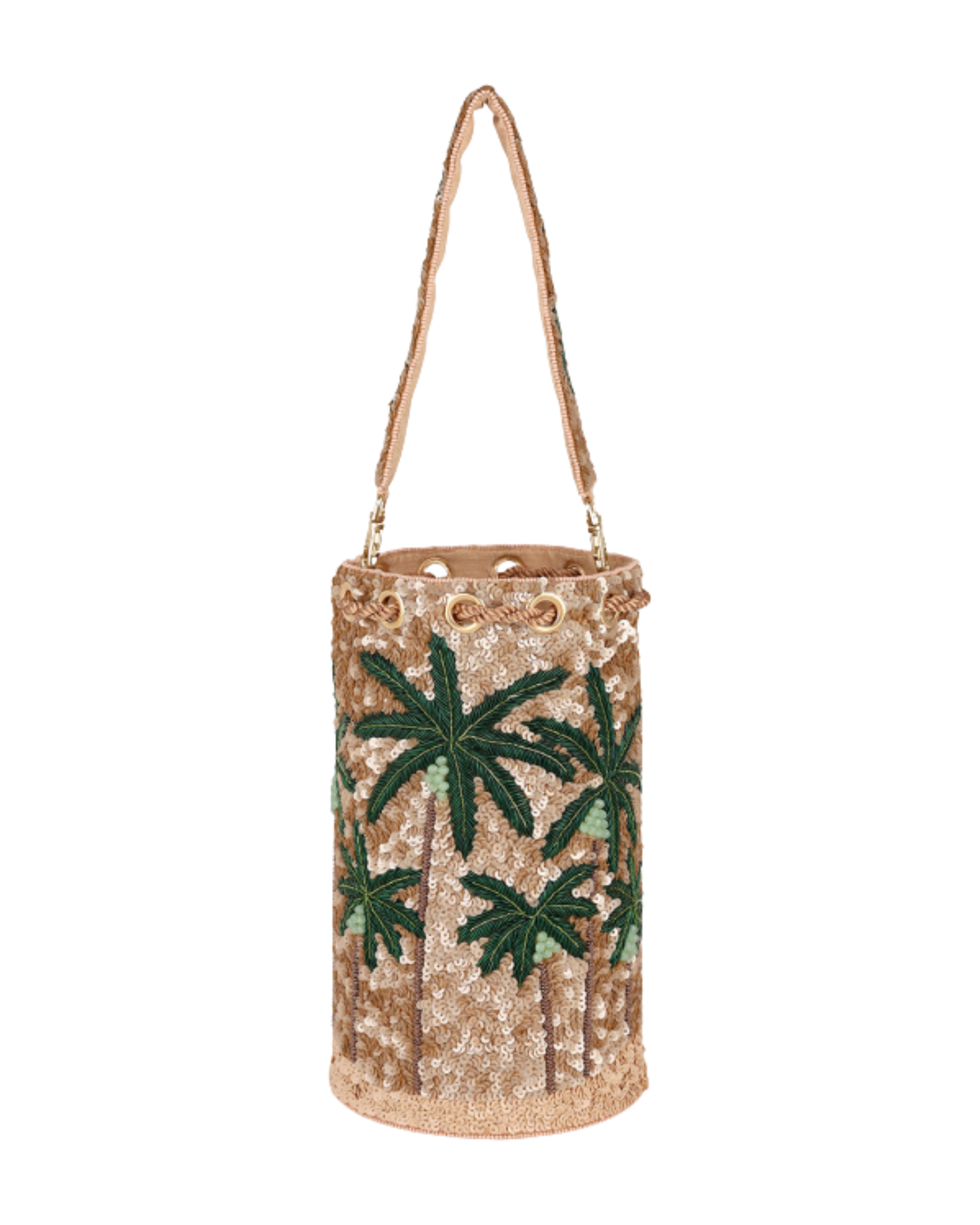  gold sequined bucket bag with green palm tree embroidery