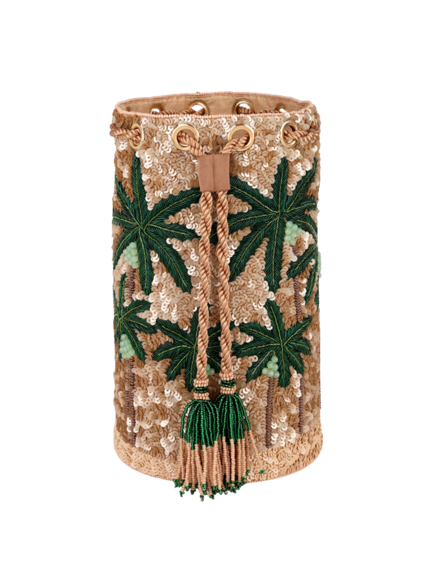  gold sequined bucket bag with green palm tree embroidery