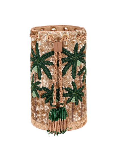  gold sequined bucket bag with green palm tree embroidery