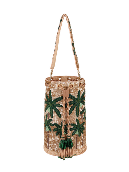  gold sequined bucket bag with green palm tree embroidery