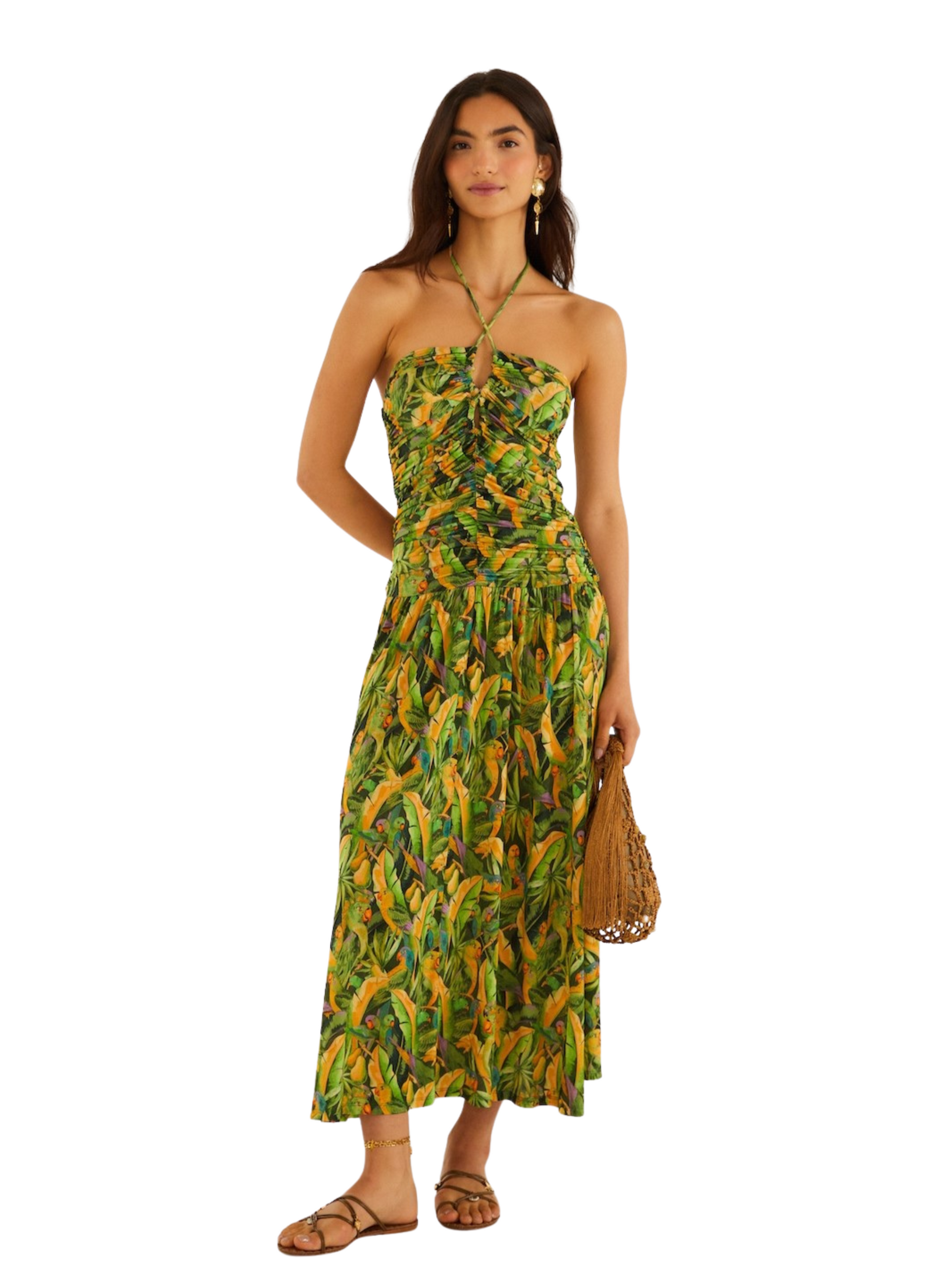  strapless halter-neck maxi dress with a green and yellow parrot print