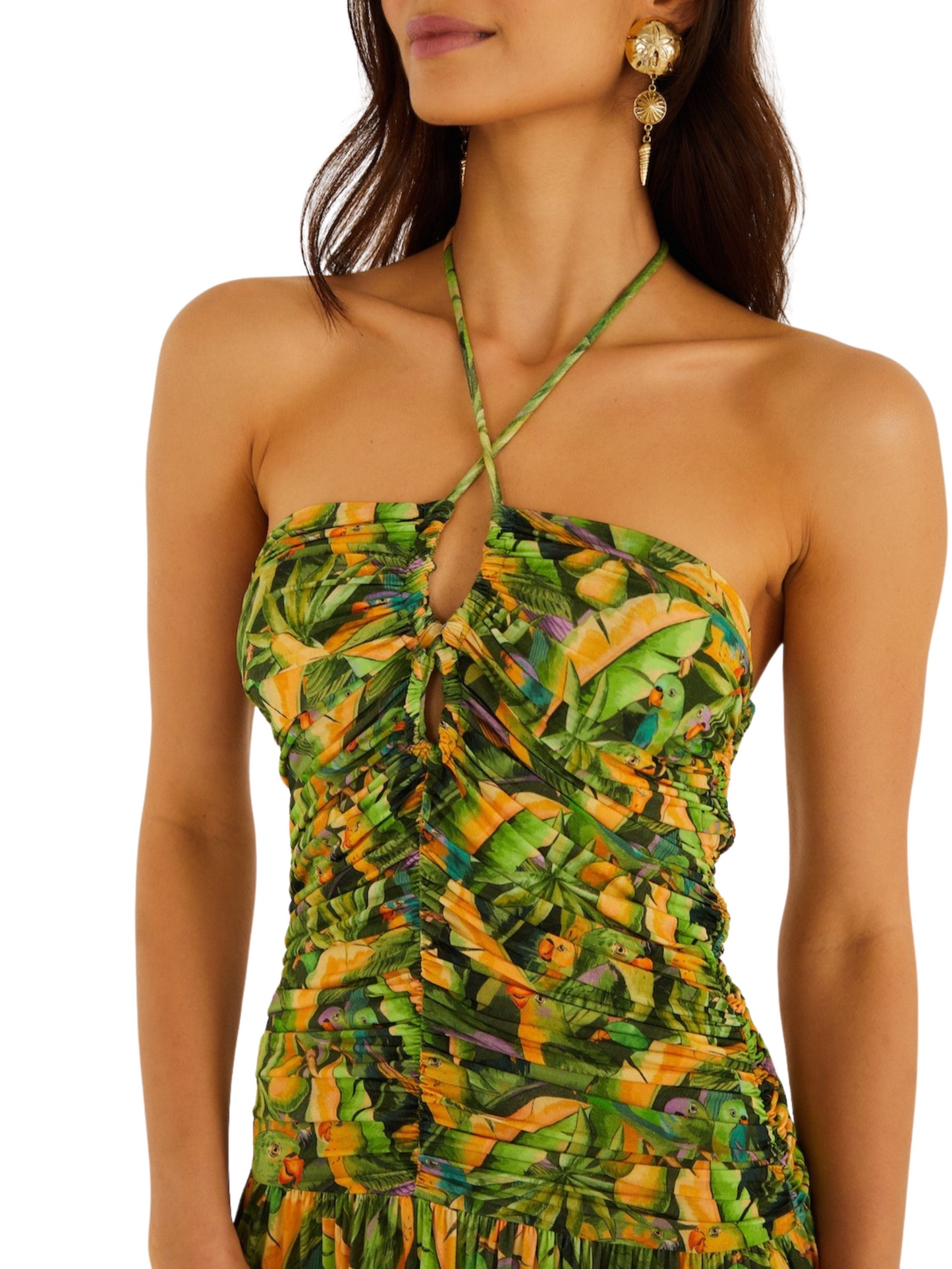  strapless halter-neck maxi dress with a green and yellow parrot print