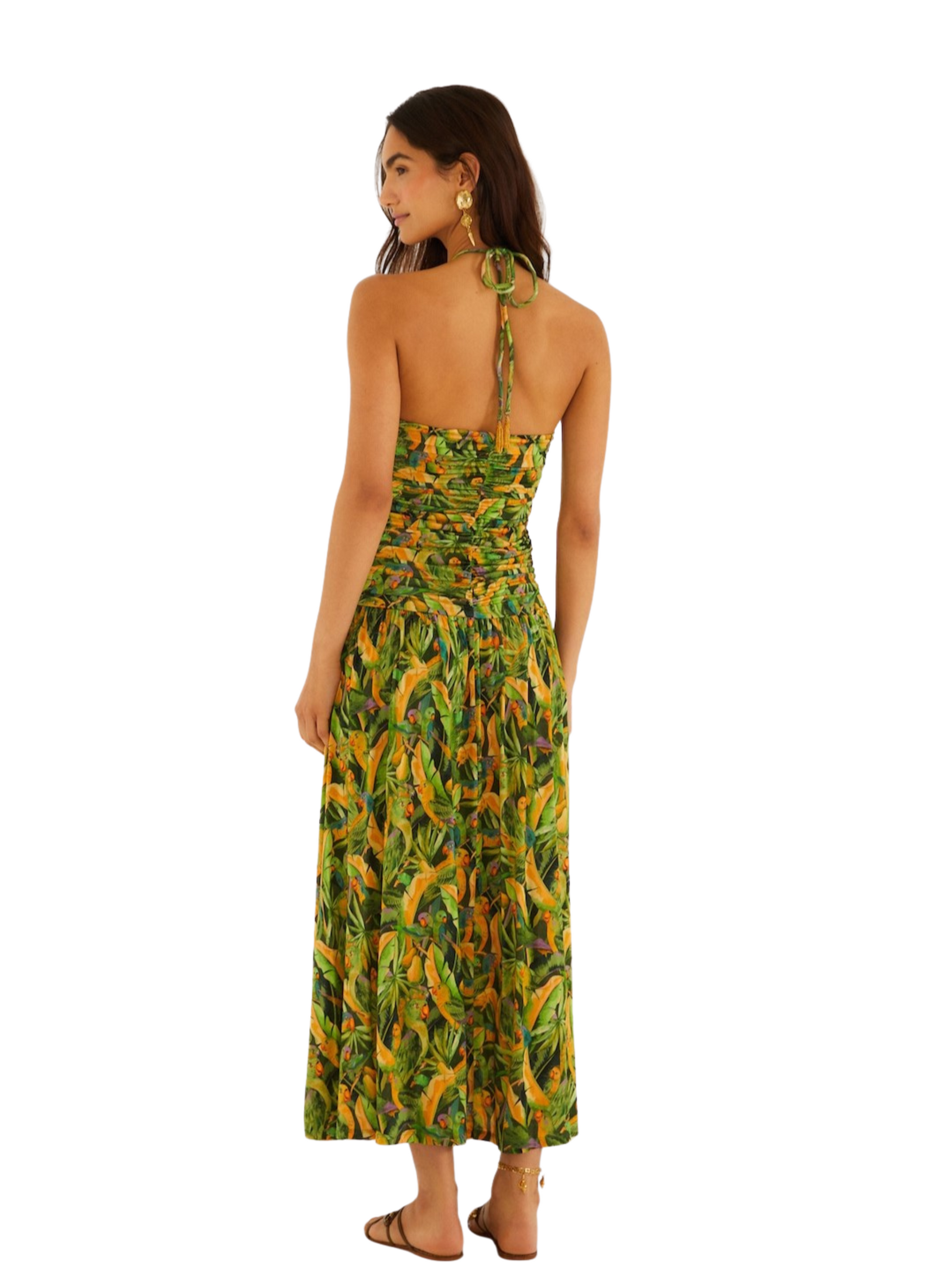  strapless halter-neck maxi dress with a green and yellow parrot print