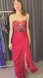 Load and play video in Gallery viewer, Crimson Asymmetric Draped Gown
