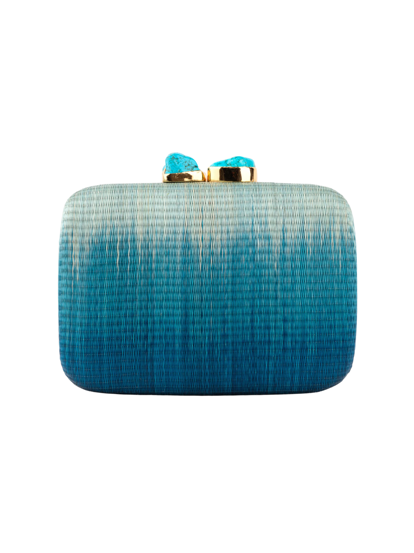 blue ombre buntal fiber clutch with natural stones