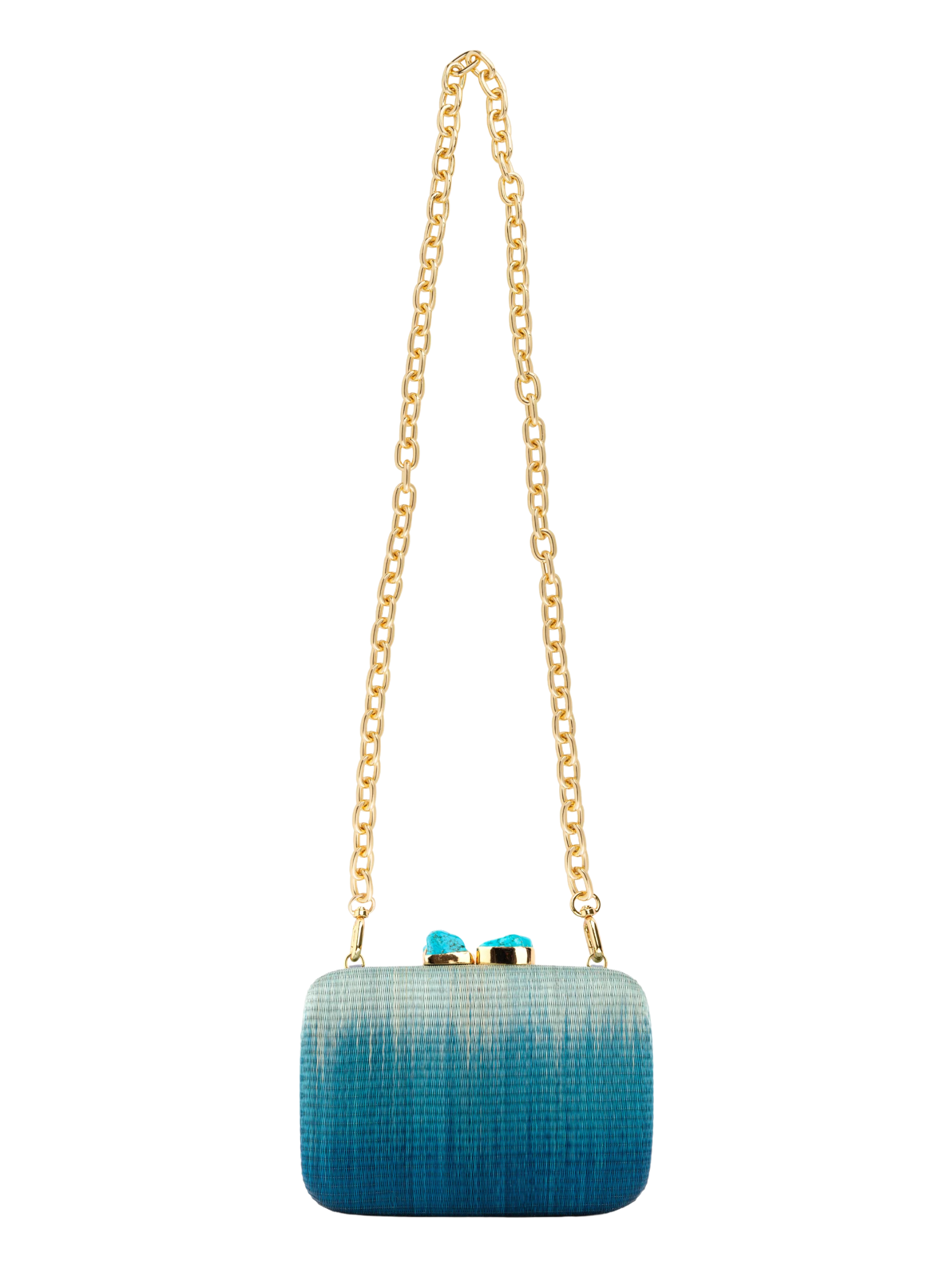 blue ombre buntal fiber clutch with natural stones