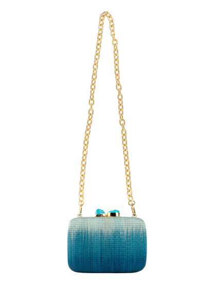 blue ombre buntal fiber clutch with natural stones