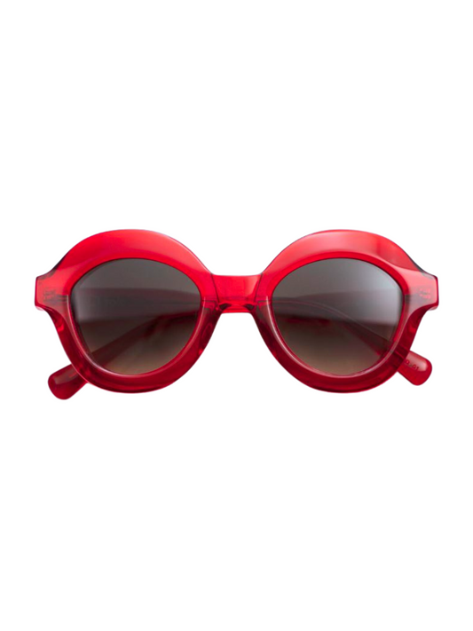 Red  sunglasses with dark tinted lenses