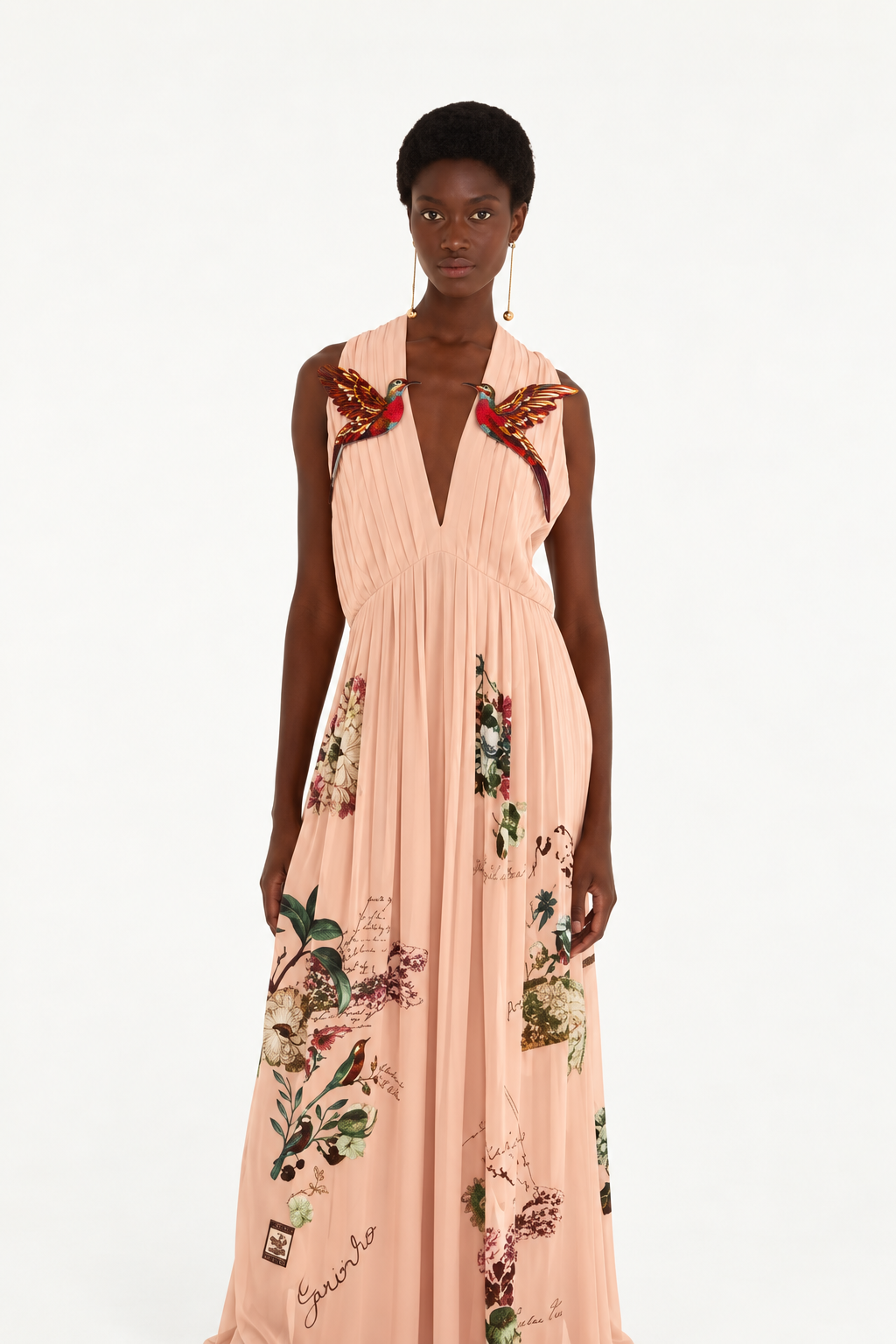Farm Rio Blush Silk Pleated Hummingbird Maxi Dress