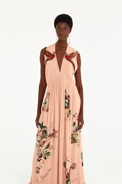 Farm Rio Blush Silk Pleated Hummingbird Maxi Dress