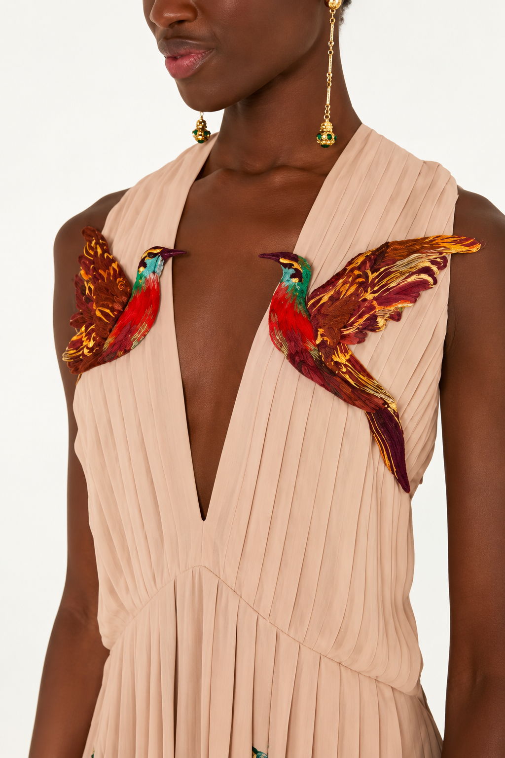 Farm Rio Blush Silk Pleated Hummingbird Maxi Dress