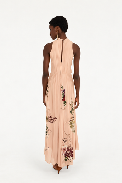 Farm Rio Blush Silk Pleated Hummingbird Maxi Dress