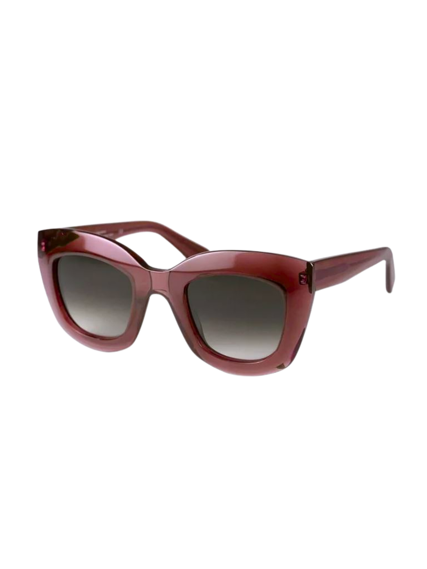 sunglasses with a translucent deep red frame and dark gray gradient lenses