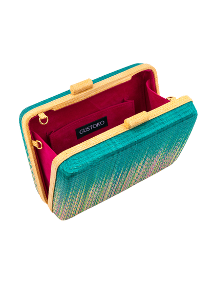 Teal clutch with gold accents