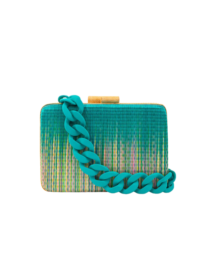 Green clutch bag with a chain strap